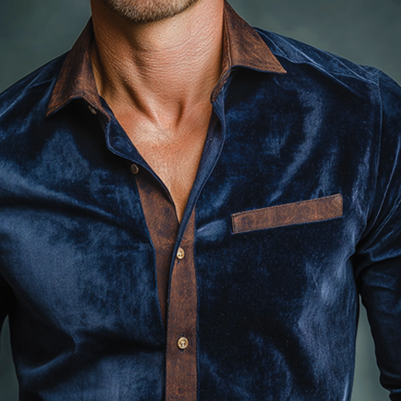 Men's Retro Casual Velvet Print Color Block Lapel Long Sleeve Shirt MTA2808J7TO