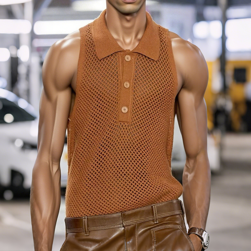 Men's Solid Hollow Out Knit Lapel Sleeveless Tank Top MTA2592G8Z