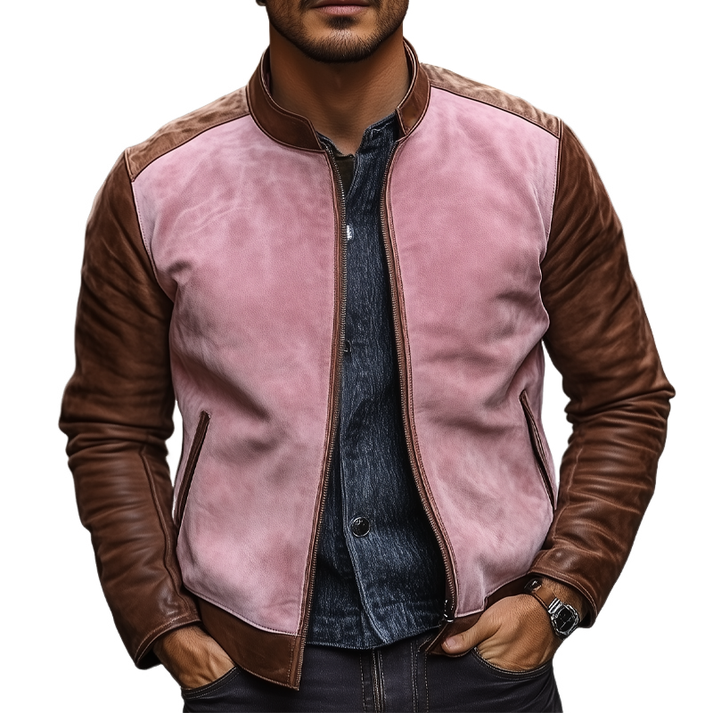 Men's Contrast Color Stand Collar PU Leather Zipper Jacket MTA2665H1X