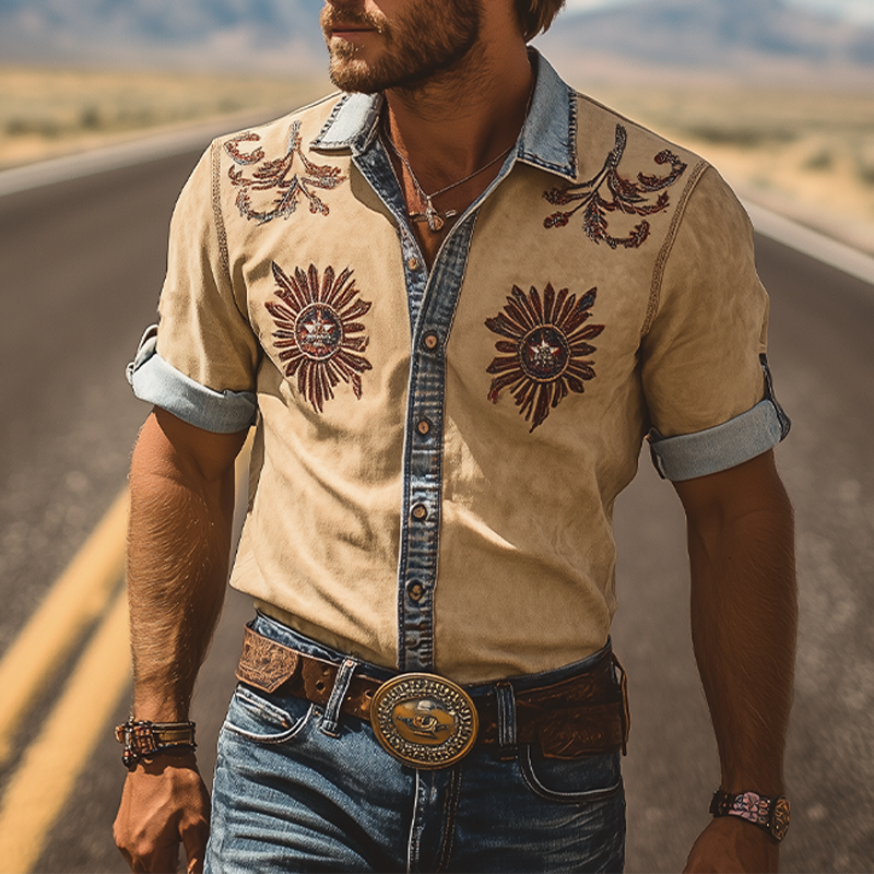 Men's Summer Fashion Retro Western Cowboy Style Denim Stitching Suede Embroidery Short-sleeved Shirt MTA2824D8K
