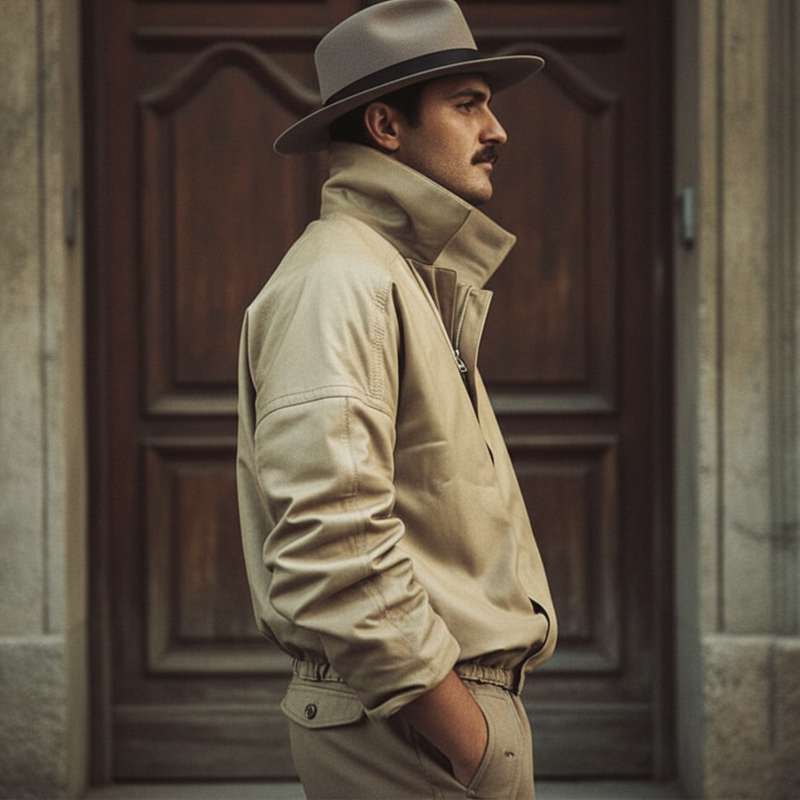 Men's Retro Light Khaki Explorer Style PU Leather Jacket MTA0631K3U