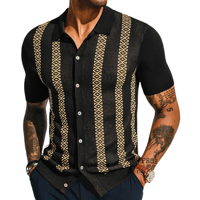 Men's Casual Geometric Jacquard Lapel Single-breasted Slim Fit Short-sleeved Sweater 59253713M