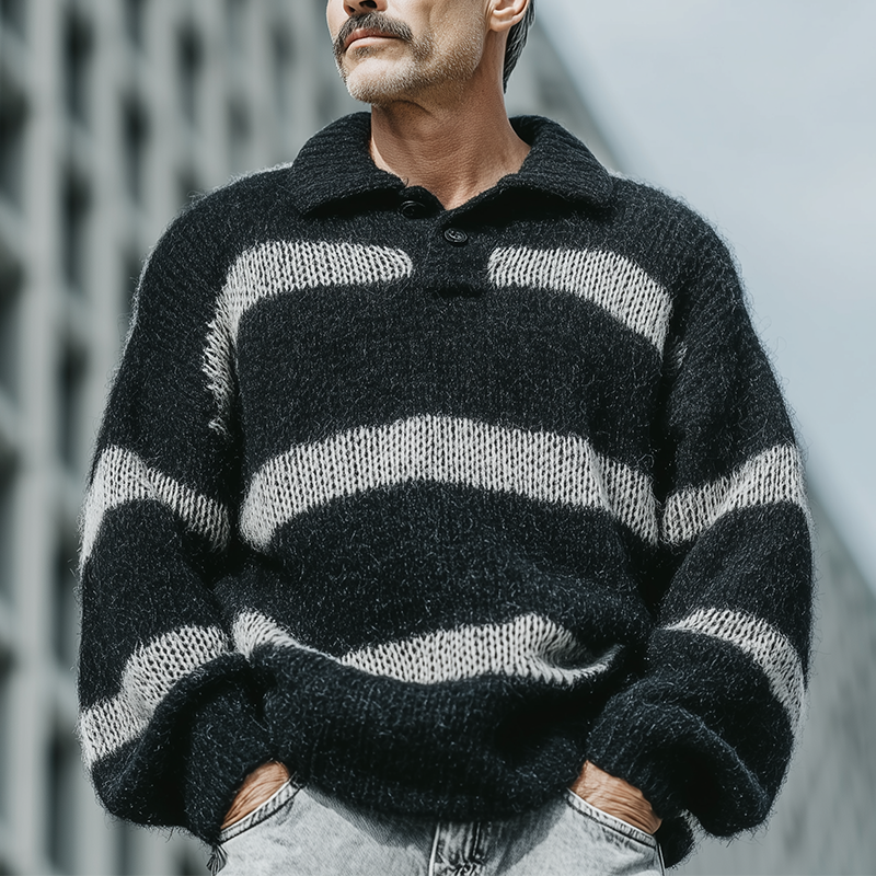 Men's Autumn Fashion Striped Cotton And Mohair Blend Polo Collar Loose Sweater MTA1769I9P