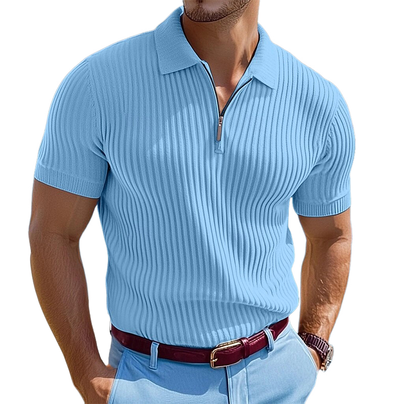 Men's Knitted Striped Zipper Short-sleeved POLO Shirt MTA1540G6X
