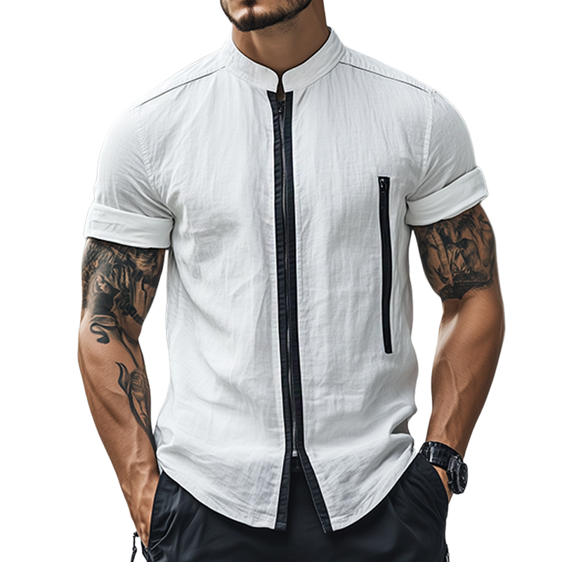 Men's Retro Casual Linen Zipper Stand Collar Short Sleeve Shirt MTA0160G9TO