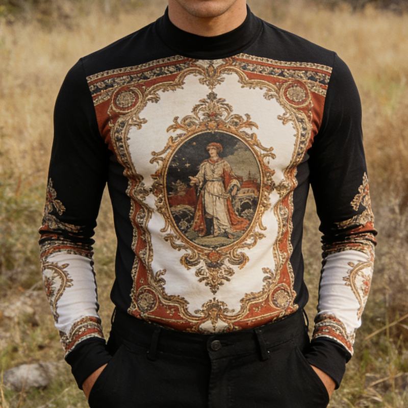 Men's Retro Casual Baroque Print Crew Neck Long Sleeve T-shirt MTA1247L1TO