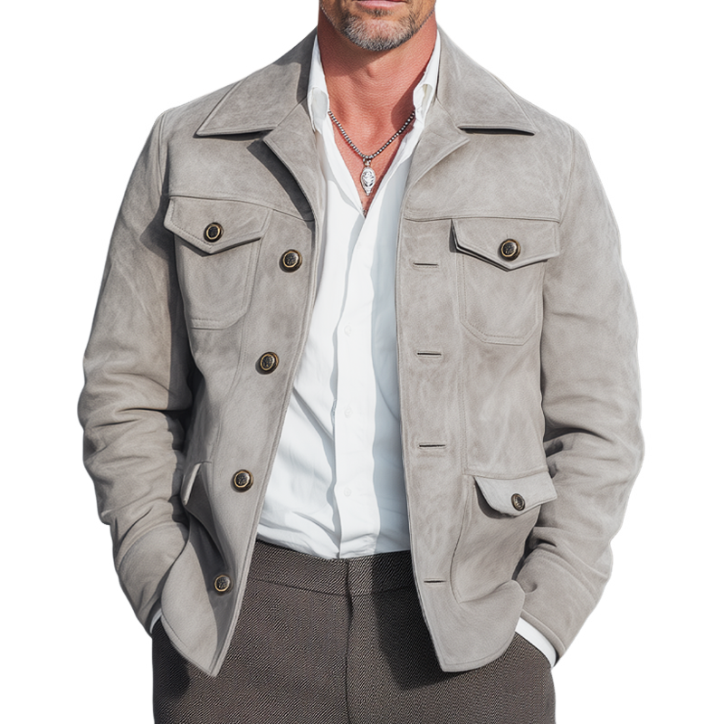 Men's Vintage Elephant Grey Button-Down Suede Jacket MTA1618H7U
