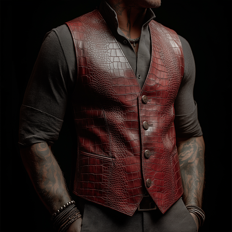 Men's Retro Casual Crocodile Pattern PU Leather Vest MTA2104H4TO
