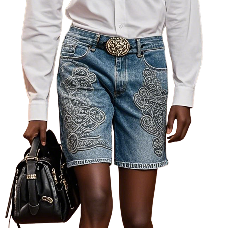Men'S Fashion Retro Embroidered Straight Denim Shorts MTA0943E1Z