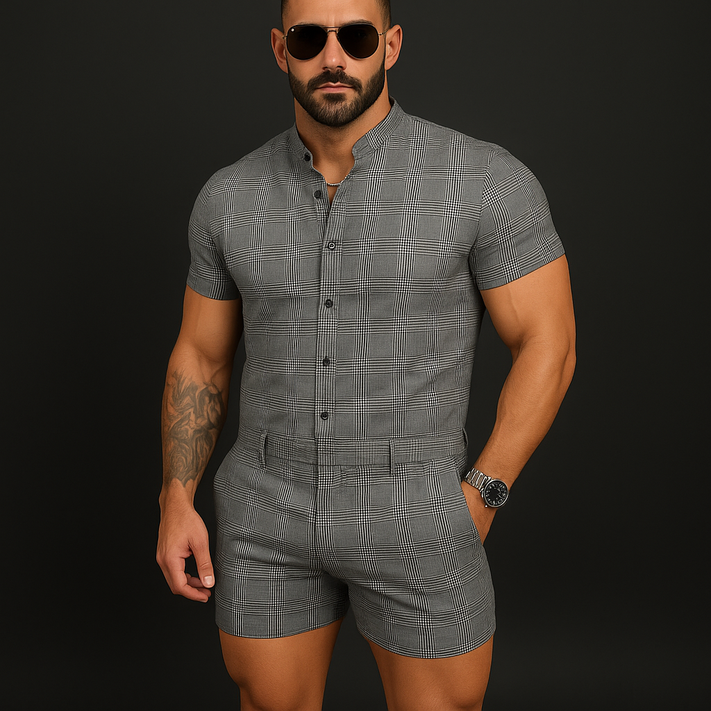 Herre sommermote rutete bomull og lin korte ermer shorts jumpsuit MTA2359F7P