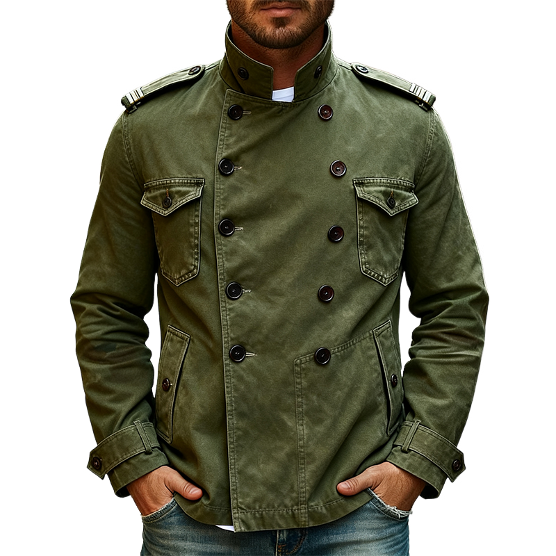 Men's Vintage Washed Cotton Double Breasted Stand Collar Jacket MTA1717J6X