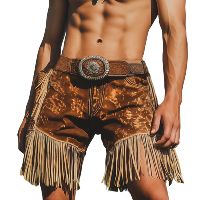 Men's Western Cowboy Style Vintage Printed Tassel Shorts MTA1576E3U