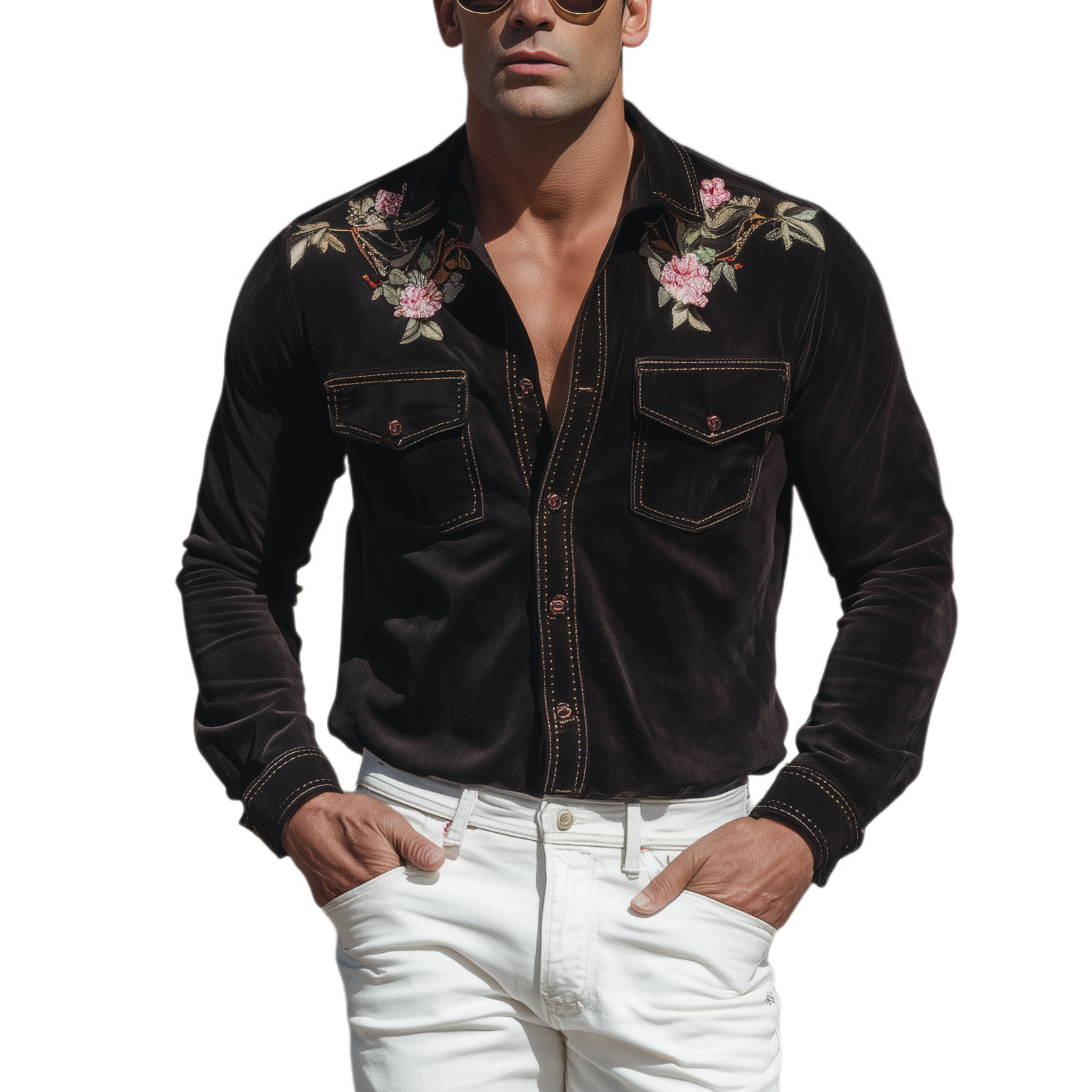 Men's Classic Retro Western Embroidered Suede Pocket Slim Fit Long Sleeve Shirt MTA1440H0K