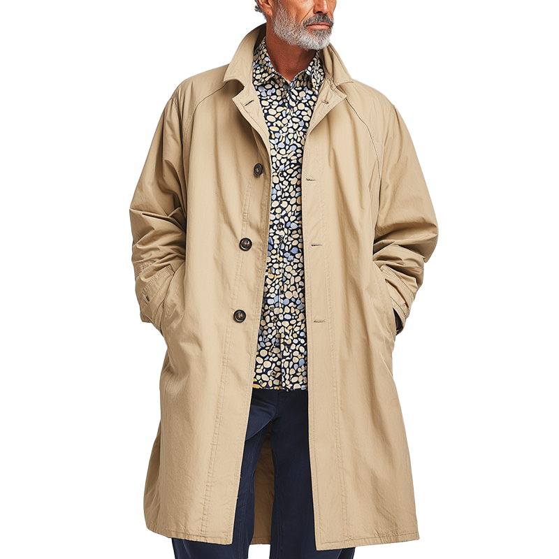 Men's Vintage Washed Solid Color Long Trench Jacket MTA1280H3P