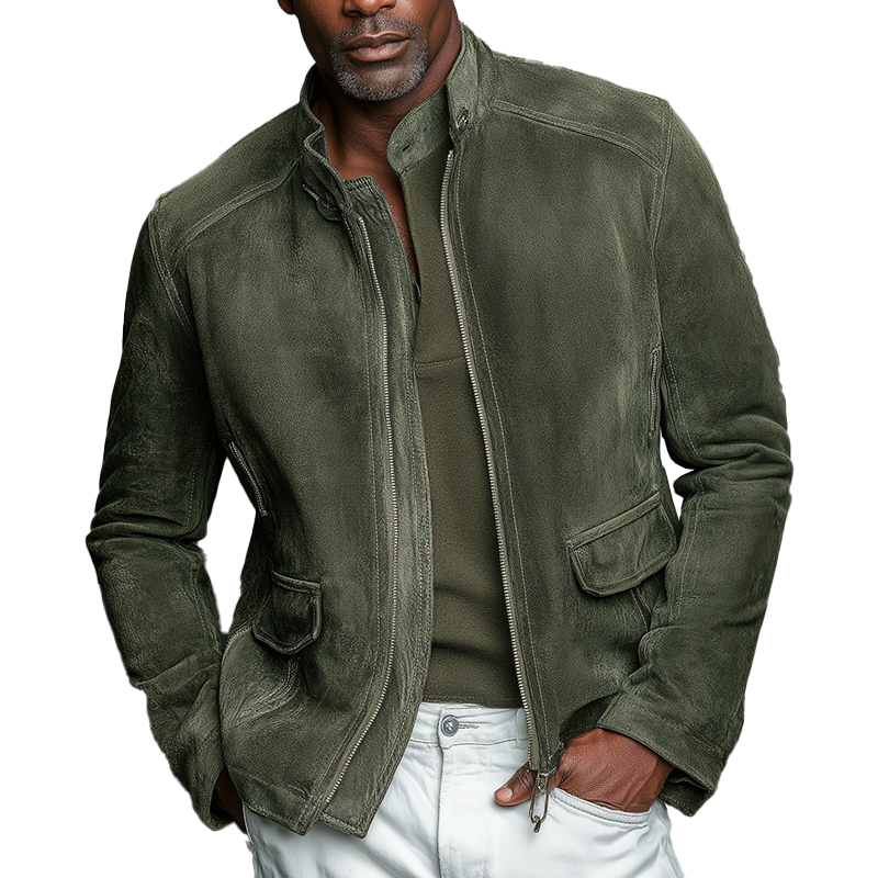 Men's Solid Color Faux Suede Vintage Stand Collar Baseball Jacket MTA2776H8P