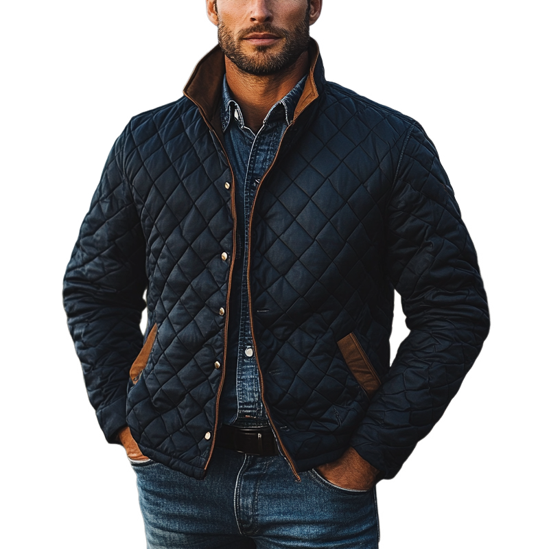 Men's Contrast Quilted Diamond Lapel Button-Down Jacket MTA2396I1X