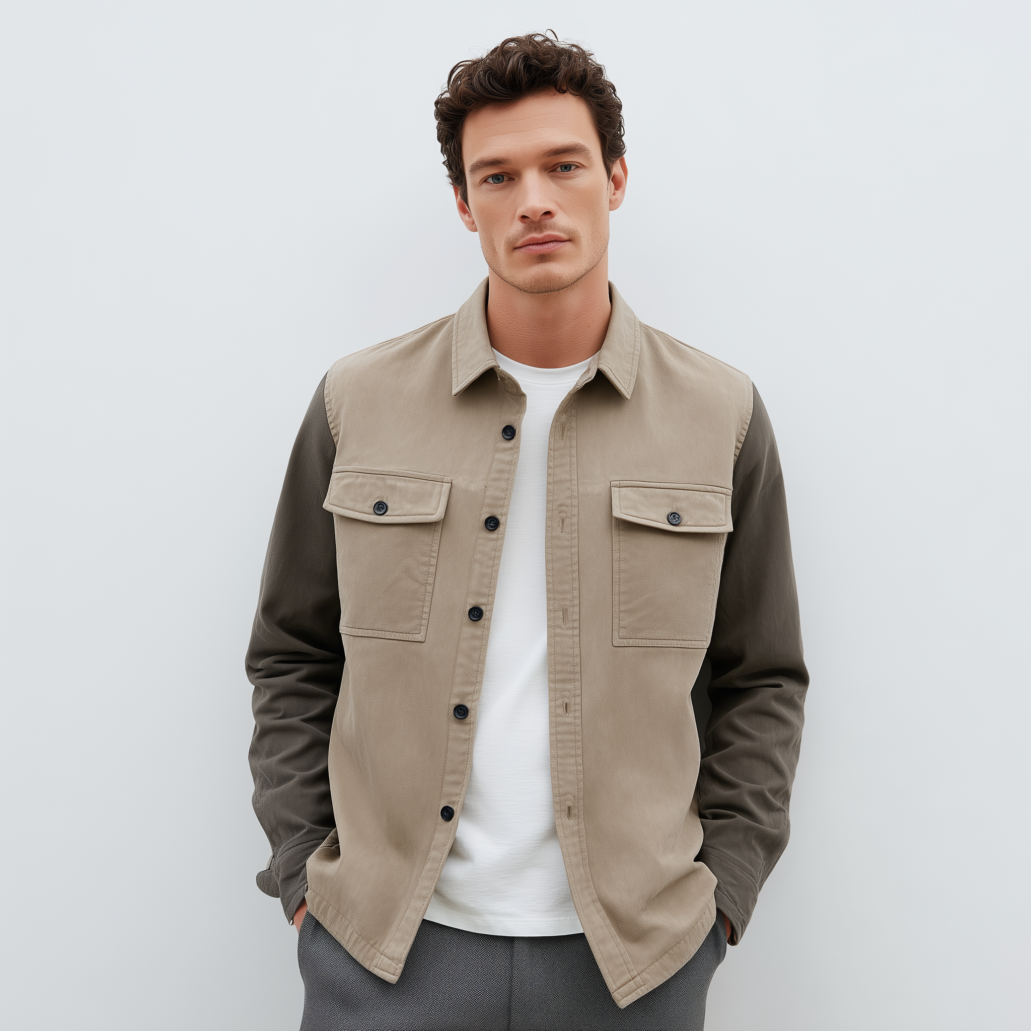 Men's Classic Casual Lapel Contrast Color Stitching Suede Long Sleeve Shirt MTA2970G9K
