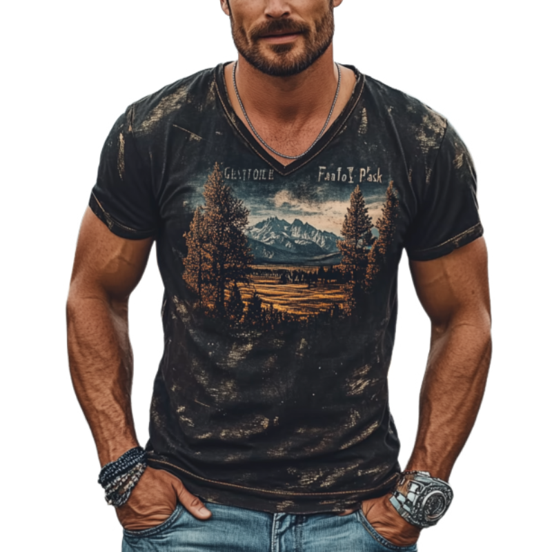 Men's Casual American Retro Yellowstone Park Series Printed Cotton T-Shirt 19046609K