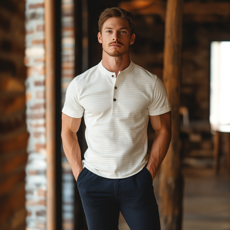 Men's Casual Soft Cotton Blend Striped Henley Collar Slim Fit Short Sleeve T-Shirt MTA2949D0M