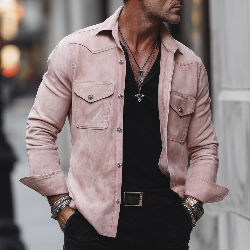Men's Classic Suede Lapel Button-Down Long Sleeve Shirt MTA1524H2U