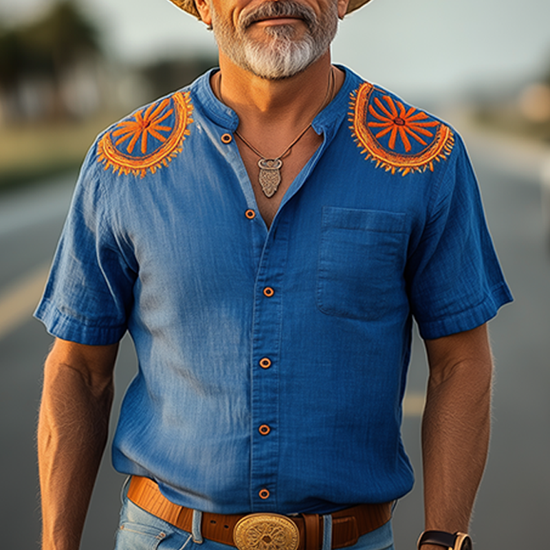 Men's Spring And Summer New Casual Vacation Retro Western Cowboy Style Cotton And Linen Embroidered Stand-Up Collar Short-Sleeved Shirt MTA0938E5K