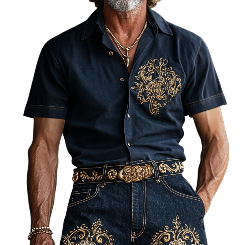 Men'S Fashion Retro Embroidered Lapel Short Sleeve Shirt MTA0951E8Z