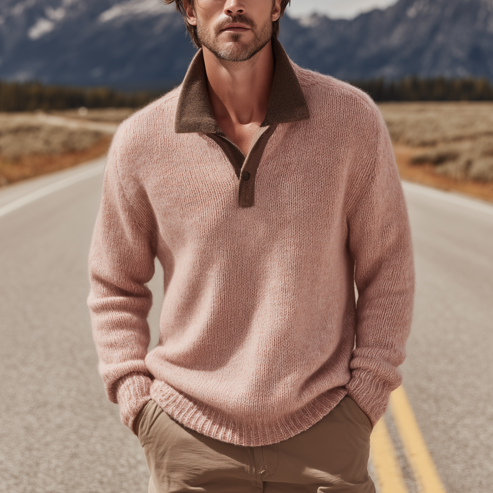 Men's Classic Casual Lapel Contrast Color Pink Knit Sweater MTA2925H7K