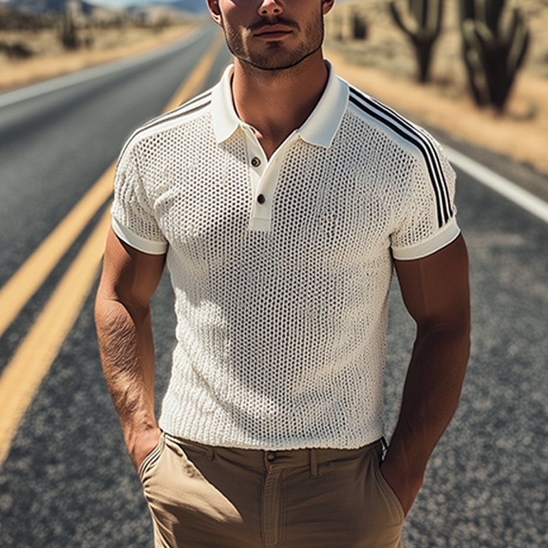 Men's Spring And Summer Fashion Casual Knitted Patchwork Striped Short-sleeved Polo Shirt MTA3083F4K