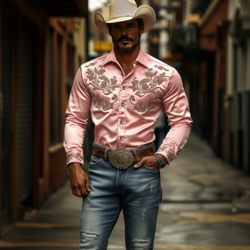 Men's Classic Western American Vintage Satin Embroidered Long Sleeve Shirt 41114174K