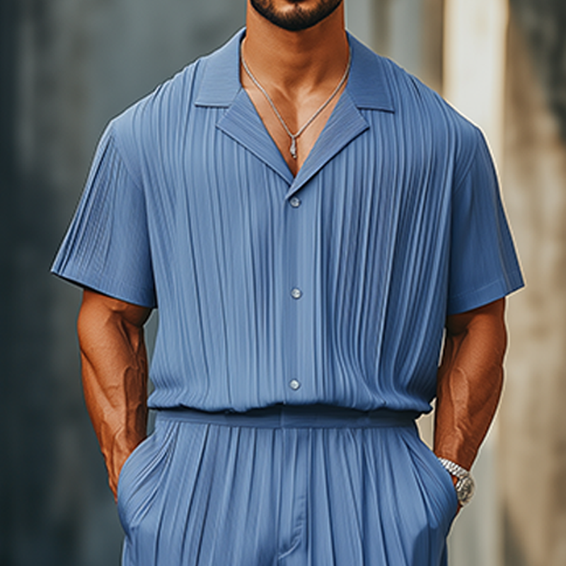 Men's Spring And Summer Fashion Casual Cool Pleated Fabric Short-sleeved Shirt Length To Knee Shorts Set MTA2513F3K