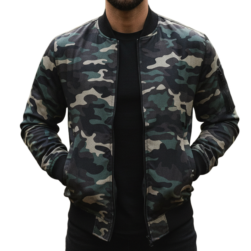Men's Retro Casual Camouflage Print Canvas Wear-Resistant Outdoor Bomber Jacket MTA2941I7TO