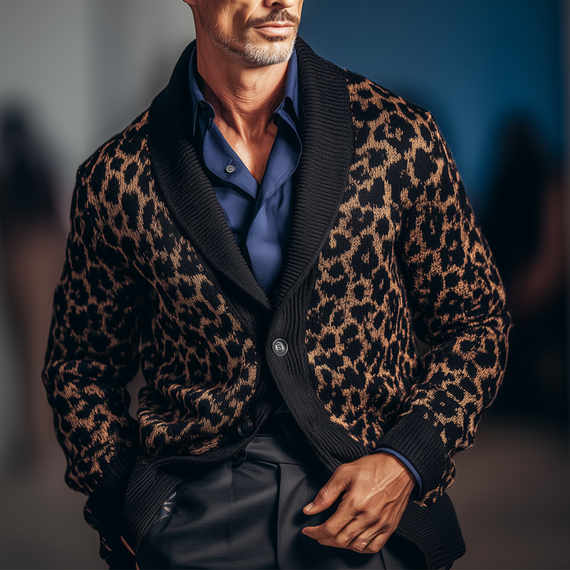 Men's Winter Vintage Leopard Print Knitted Warm Cardigan MTA0530I6P