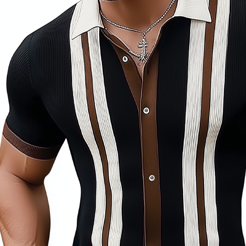 Men's Business Slim Fit Colorblock Knitted Button Short Sleeve Shirt MTA2414F9U
