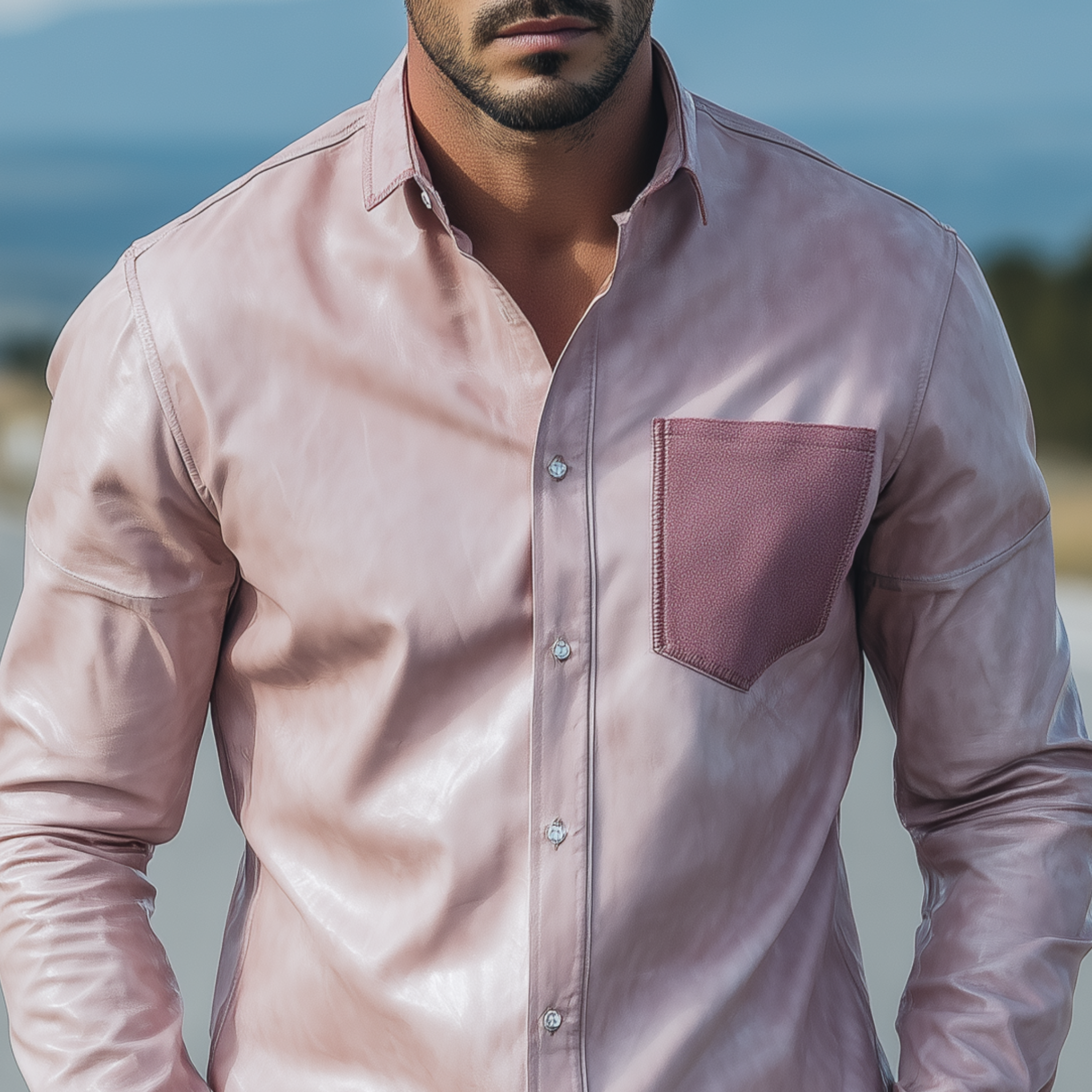 Men's Classic Casual Pocket Suede Slim Fit Pink Pu Leather Long Sleeve Shirt MTA1546H7K