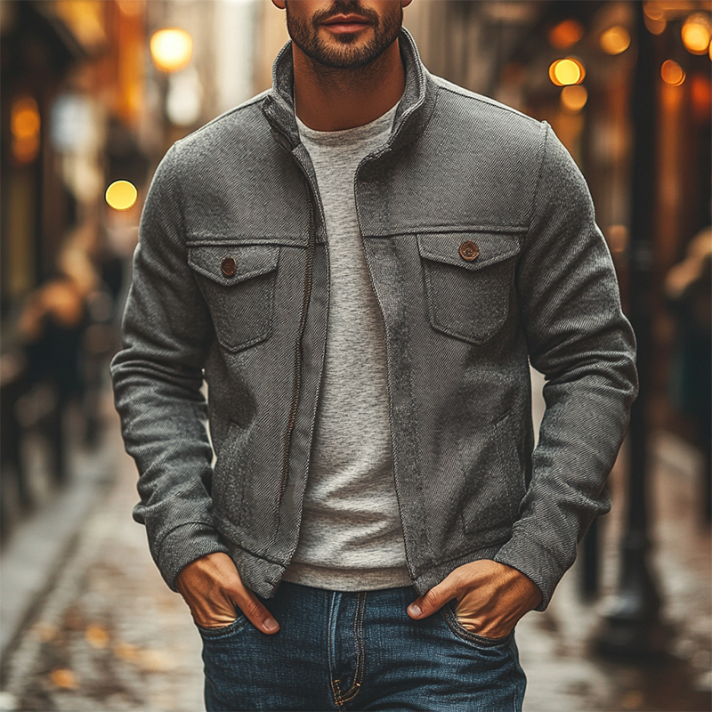 Men's Fine-textured Stand-up Collar Solid Color Zip-up Jacket MTA3016J4X