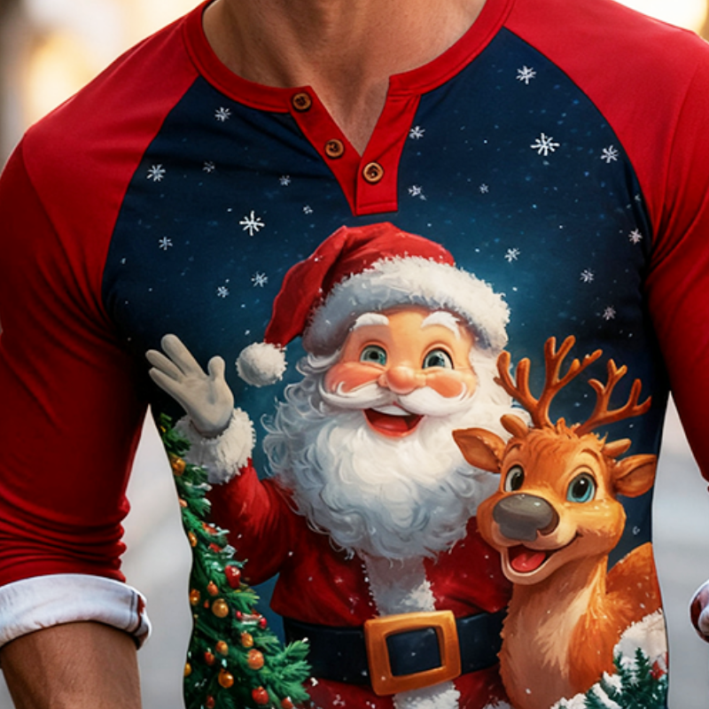 Men's Retro Casual Christmas Reindeer Print Henley Collar Long Sleeve T-shirt MTA0554K6TO