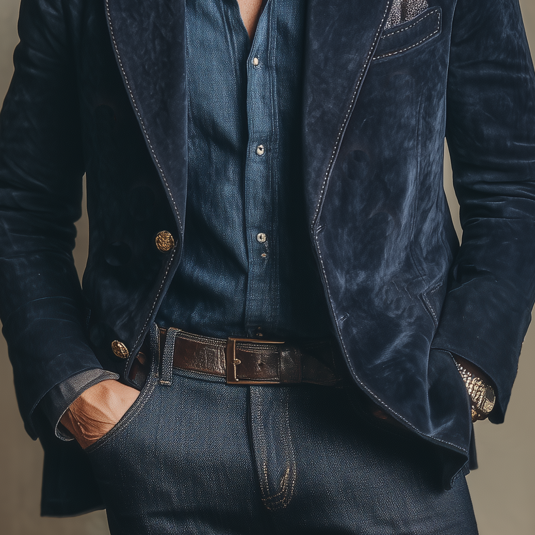 Men's Classic Vintage Navy Suede Single-breasted Slim-fit Blazer MTA1546I4K