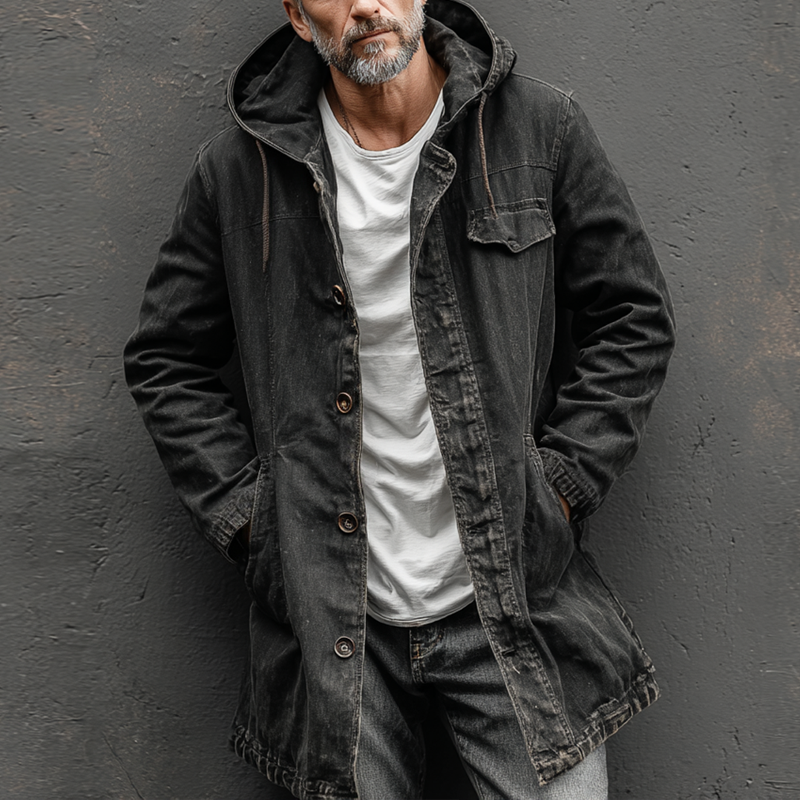 Men's Washed Cotton Hooded Single Breasted Mid Length Coat MTA1386H3Z