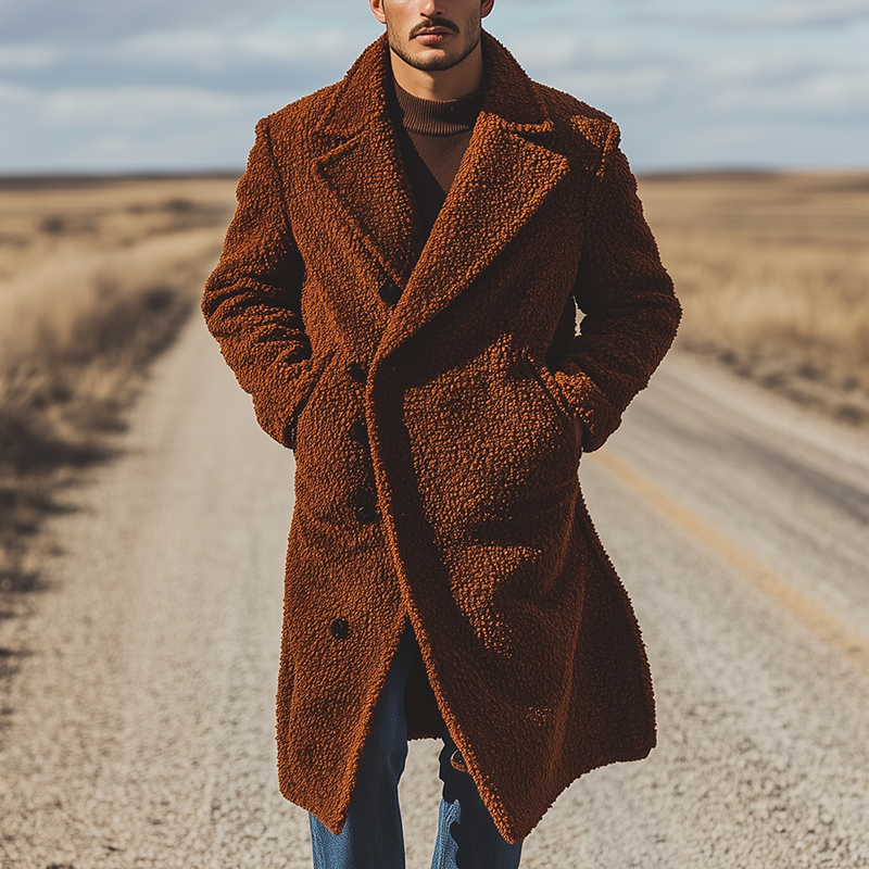 Men's Retro Solid Color Loose Fleece Lapel Button-Down Long Coat MTA3080J8X