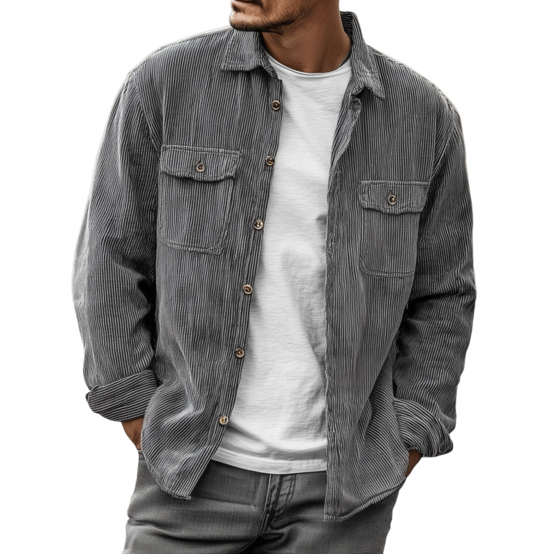 Men's Casual Breathable Striped Cotton Lapel Flap Pocket Loose Long Sleeve Shirt Jacket MTA1829G2M