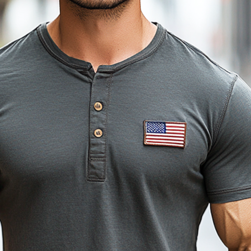 Men's Vintage American Flag Casual Henley Neck Short Sleeve T-Shirt 69282873TO