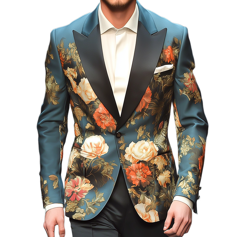 Men's Retro Large Flower Printed Single Breasted Casual Blazer MTA2182G8TO