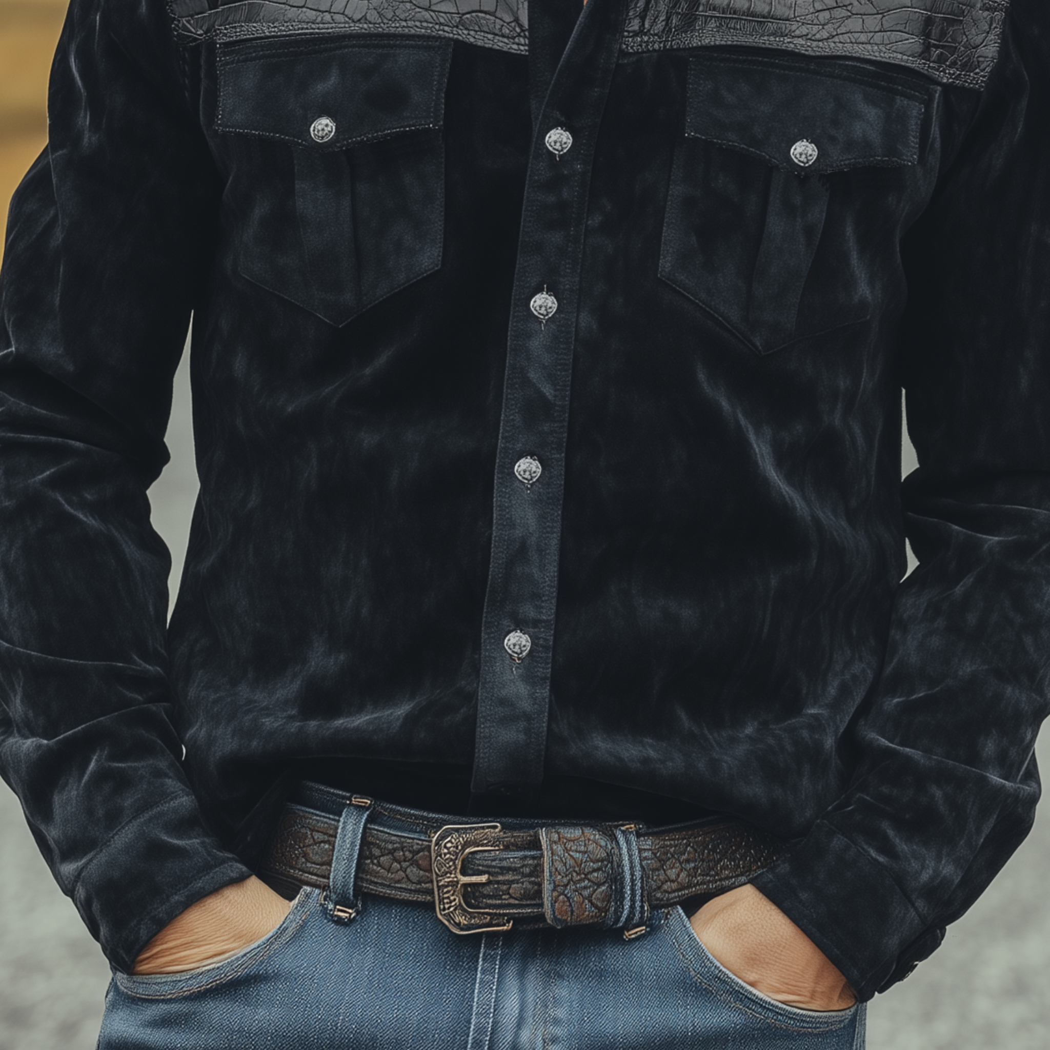 Men's Classic Retro Western Cowboy Style Suede And Textured Leather Long-sleeved Shirt MTA0775H8K