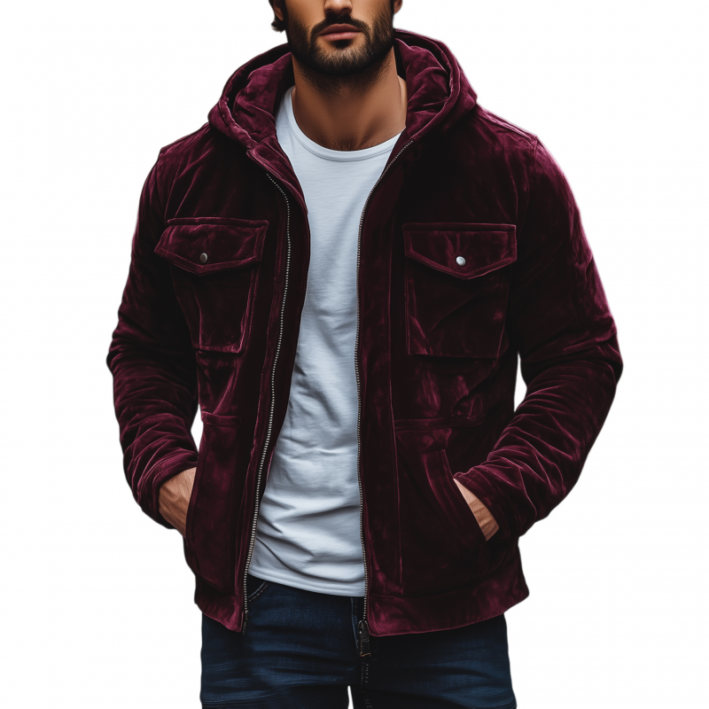 Men's Casual Vintage Solid Color Velvet Hooded Zipper Placket Multi-pocket Loose Jacket MTA1435H9M