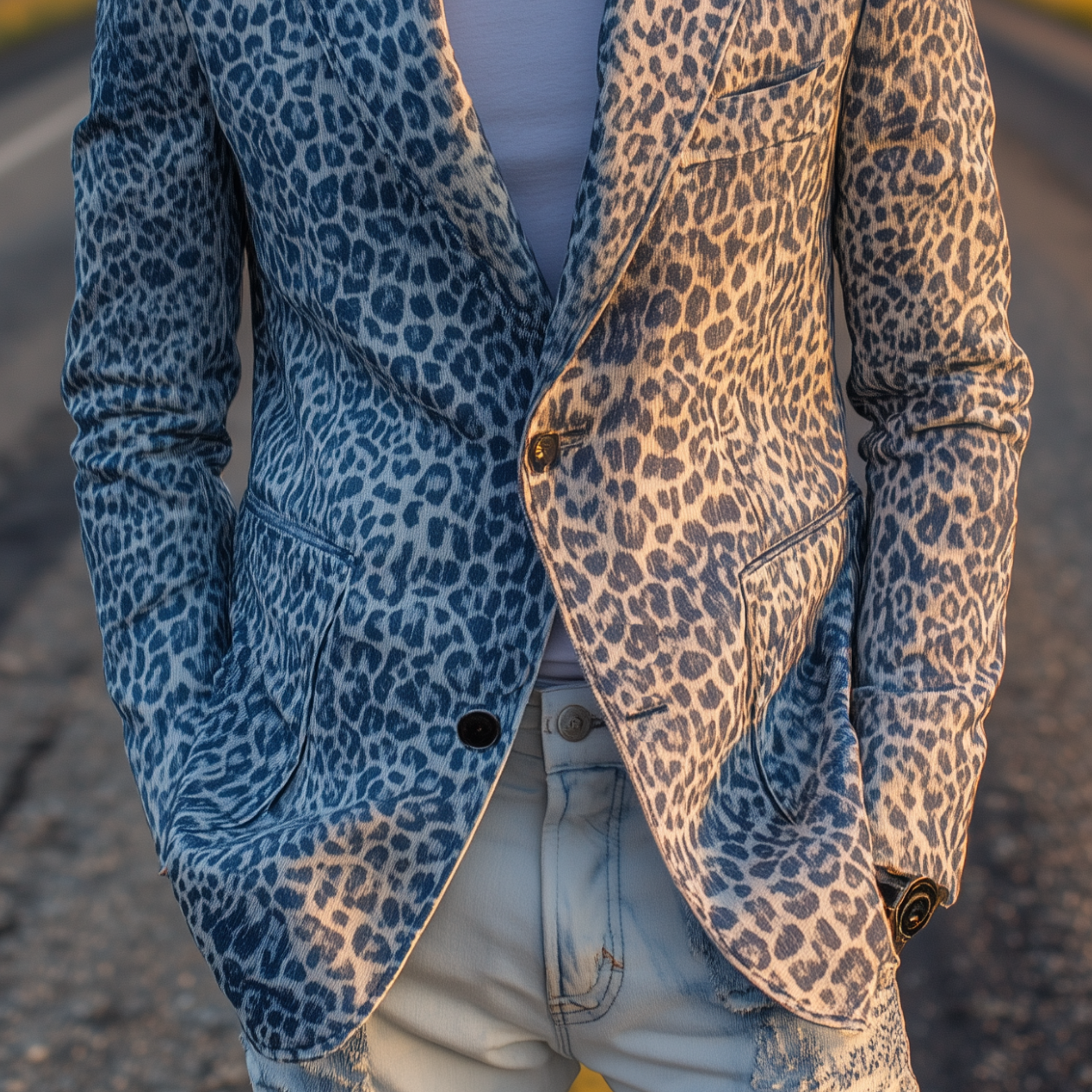 Men's Classic Fashion Leopard Print Denim Slim Fit Single-breasted Blazer MTA0726H2K