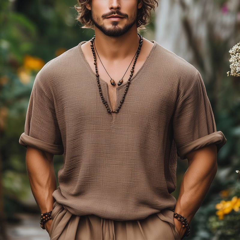 Men's Summer Basic Solid Color Textured V-neck Loose Short-sleeved T-shirt MTA2655E2U