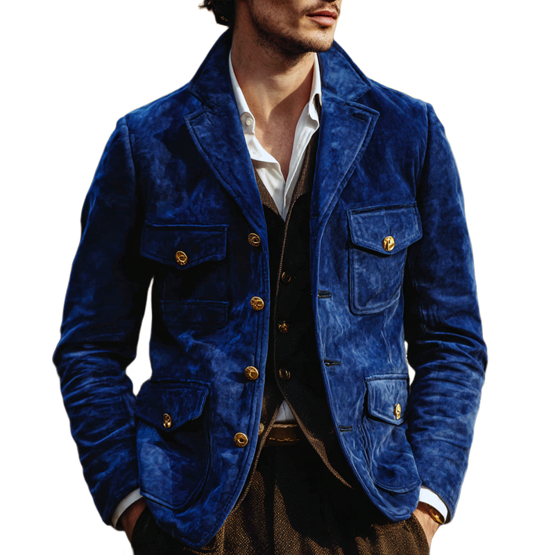 Men's Solid Suede Notch Lapel Multi-pocket Single Breasted Jacket MTA0306I7Z