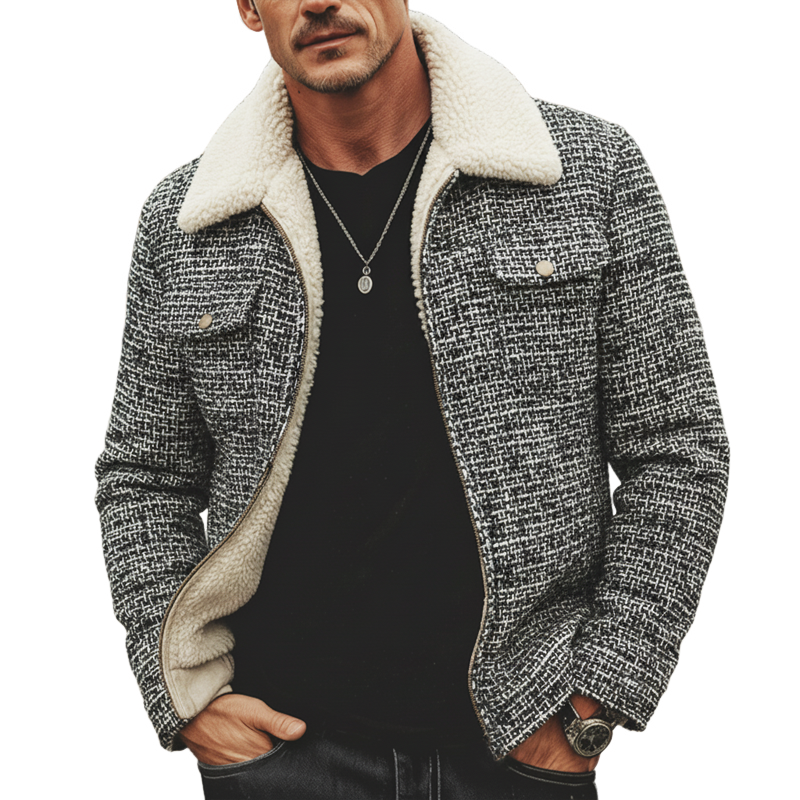 Men's Classic Tweed Warm Faux Lambswool Lined Zip-Up Jacket MTA1328K9U