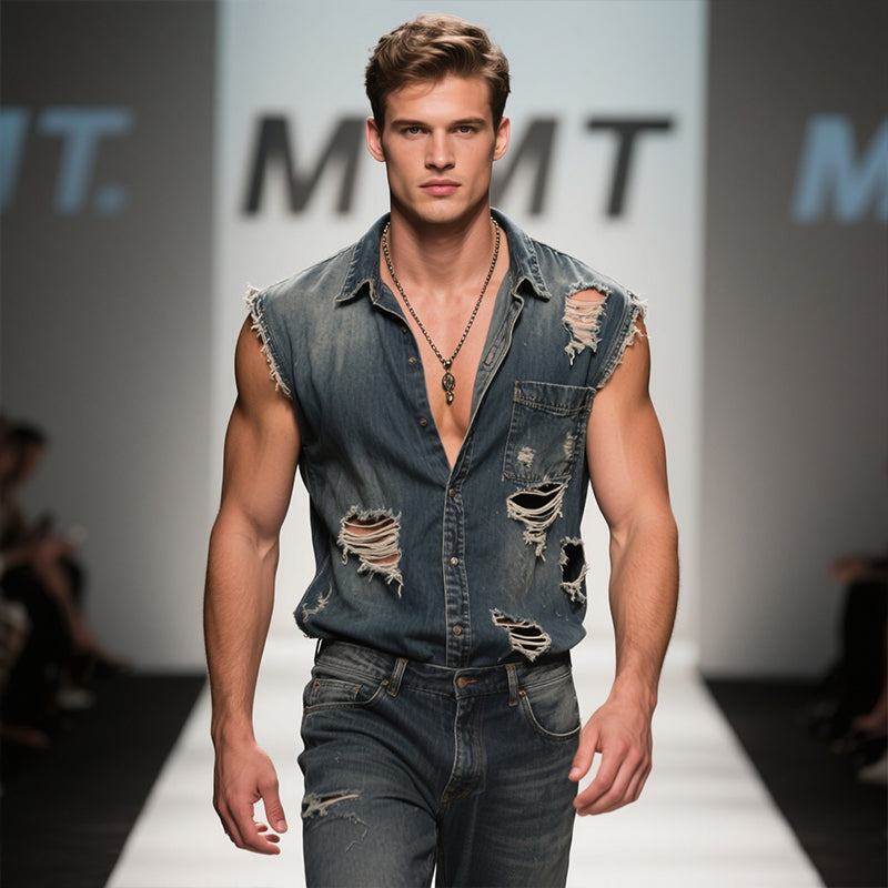Herre retro casual denimskjorte med slitt slag og ermeløs krage MTA2938E2TO