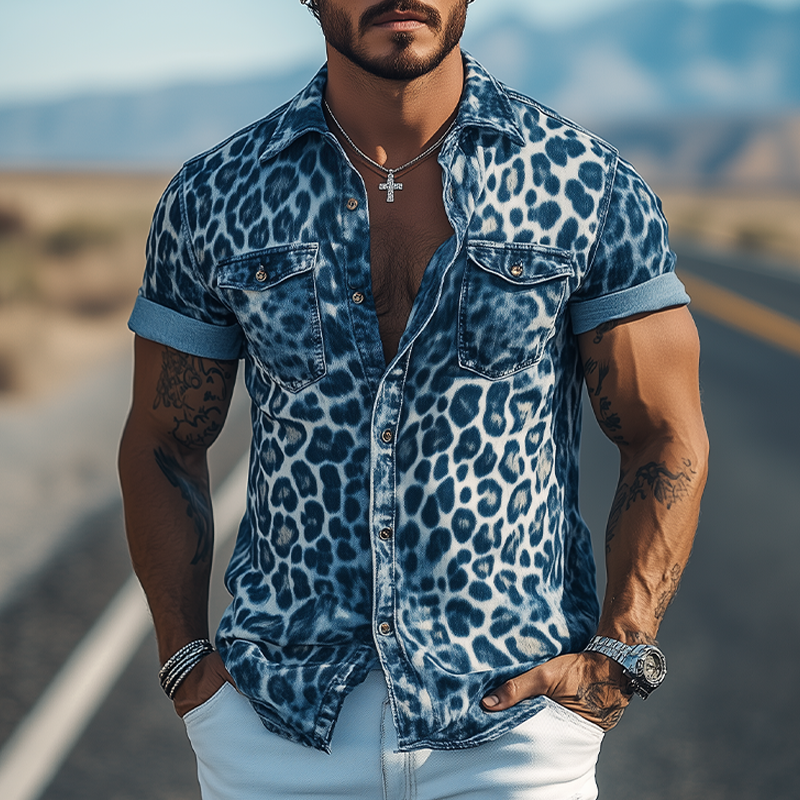 Men's Spring And Summer Fashion Casual Retro Western Cowboy Style Leopard Denim Print Slim Fit Short Sleeve Shirt MTA0975E8K